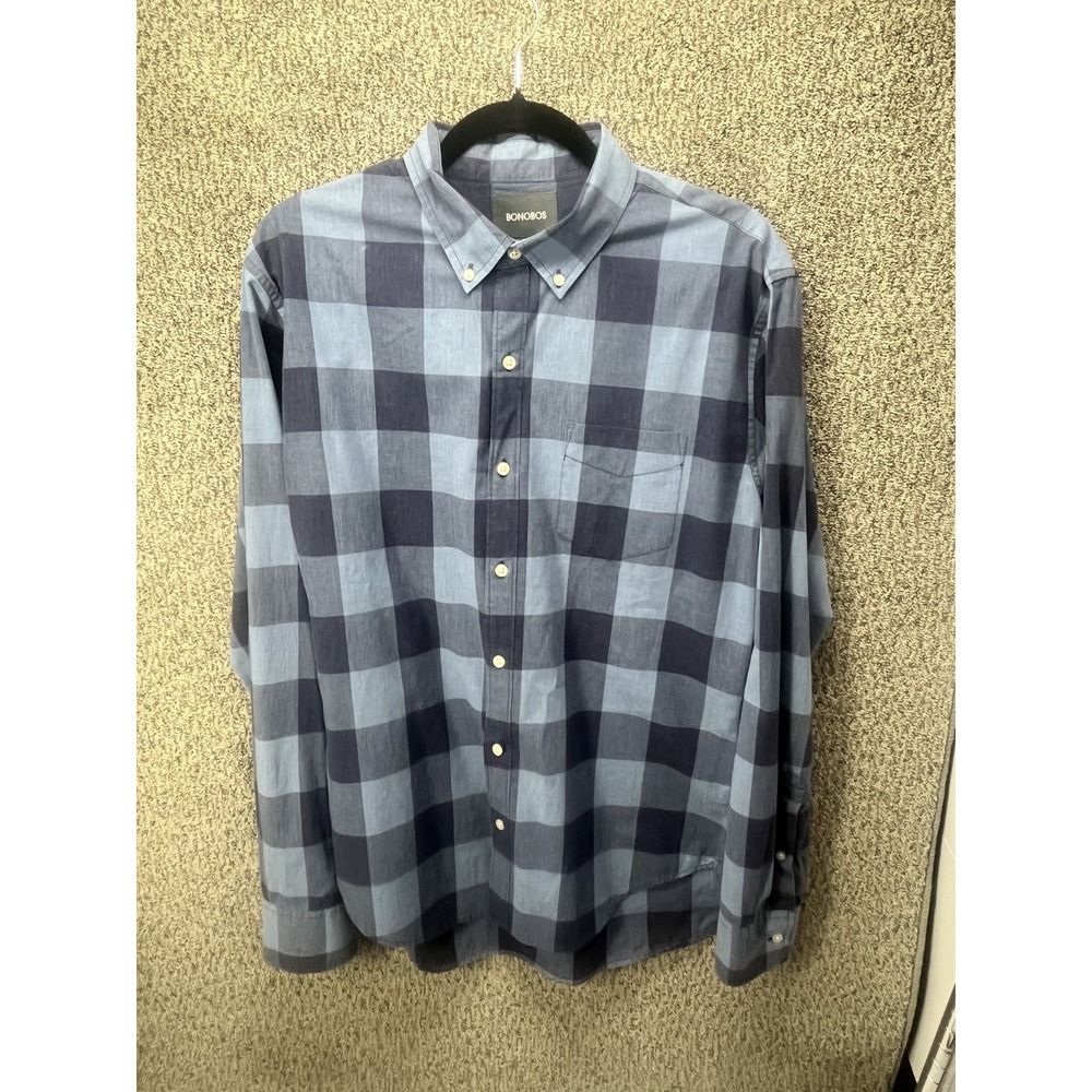 Bonobos Slim Fit Button Up Shirt L Blue Buffalo Plaid Check Mens Long Sleeve